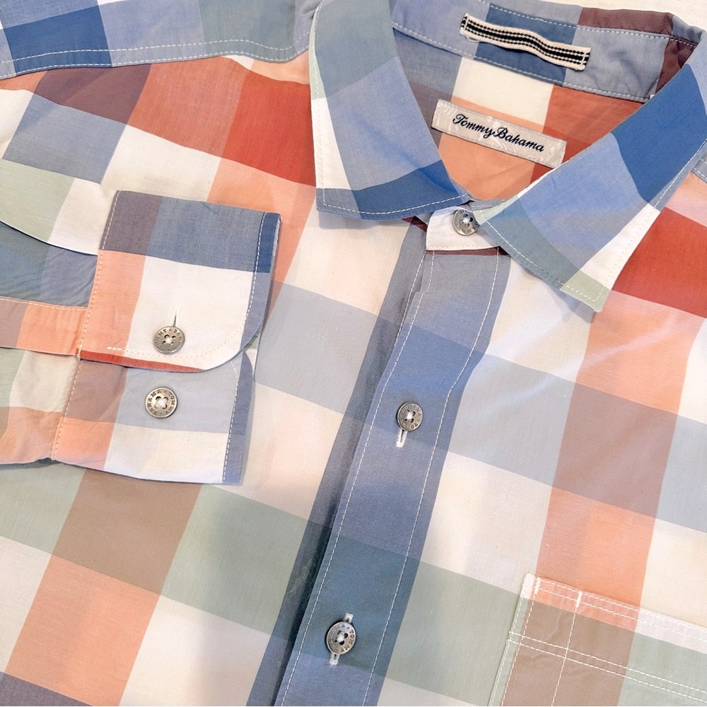 Tommy Bahama Long‎ Sleeve Paradise Poplin Check Camp Shirt Men's Large Cotton